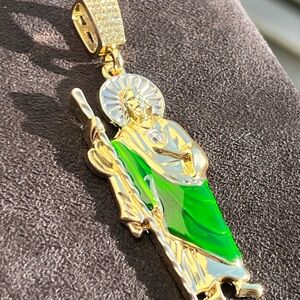 14k Gold and Green Saint Pendant